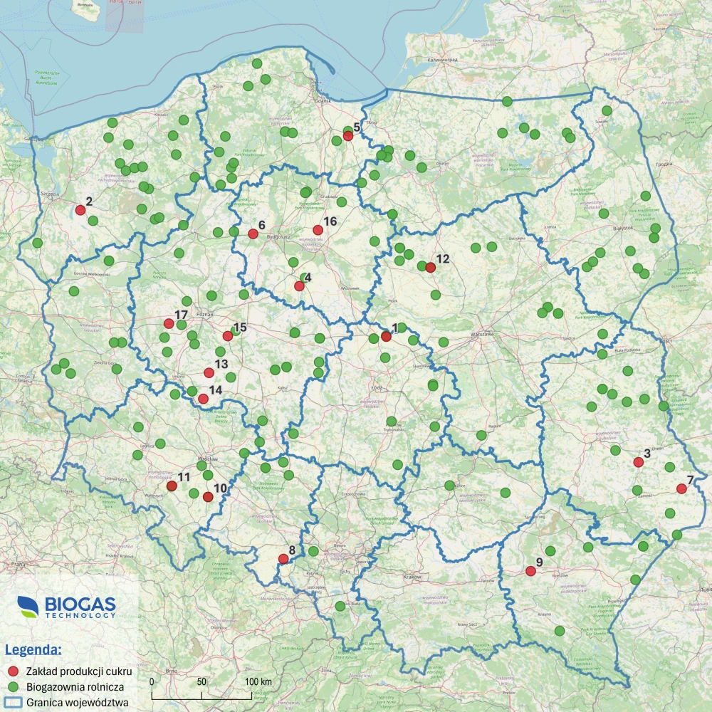 mapa z zaznaczonymi cukrowniami w Polsce